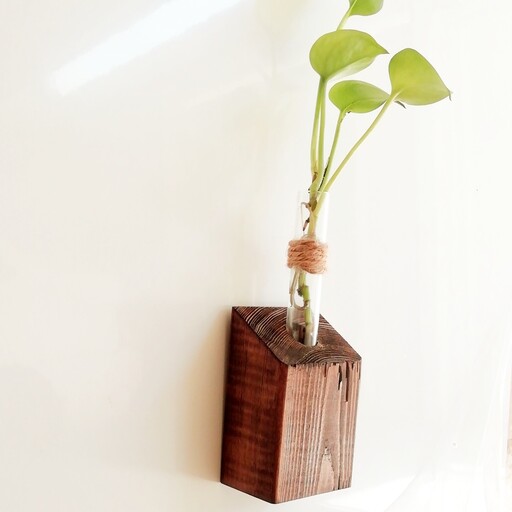 گلدان چوبی با ظرف شیشه ای با امکان رشد گیاه زنده در آن و با امکان نصب روی دیوار و رومیزی 
