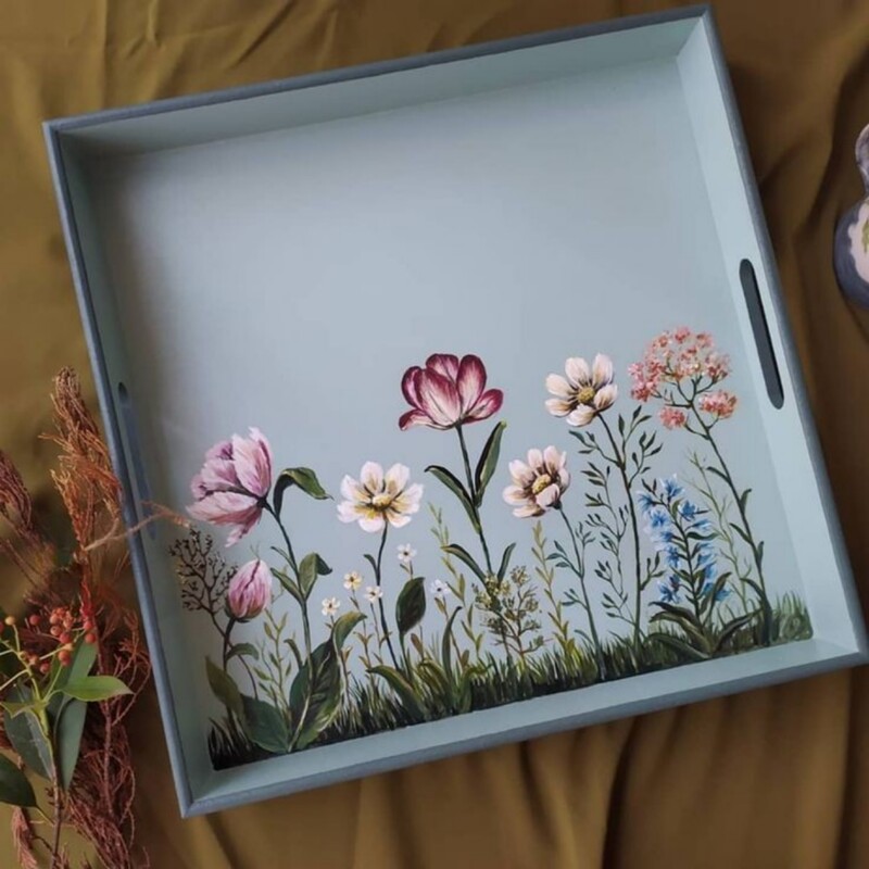 سینی رزینی مربع  هنر نقاشی دستی  طرح باغ گل