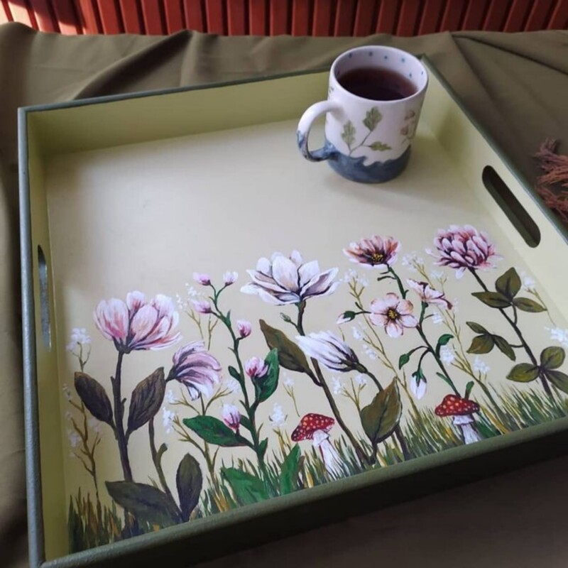 سینی رزینی هنر دست و نقاشی دستی پتینه دکوپاژ طرح گل های صحرایی