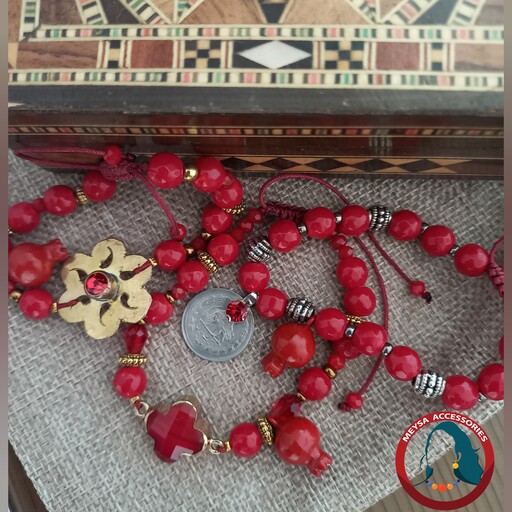 دستبند سنگ مرجان و ورشو با نگین قرمز ترکمن یلدایی 