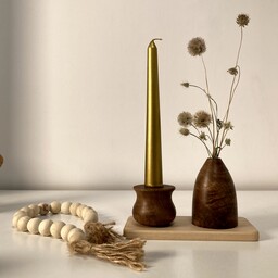 ست گلدان گلدون و جاشمعی و سینی مدل صنم کار دست جنس چوب گردو با پوشش روغن گیاهی همل 