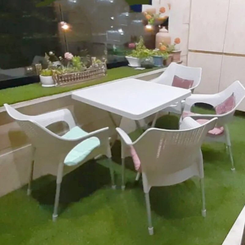 میز و صندلی پلاستیکی پایه فلزی 4 نفره با میز تاشو - مخصوص فضای باز - - دکور- ارسال رایگان به کل ایران