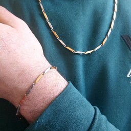 ست زنجیر و دستبند کبریتی دو رنگ نازک استیل مردانه