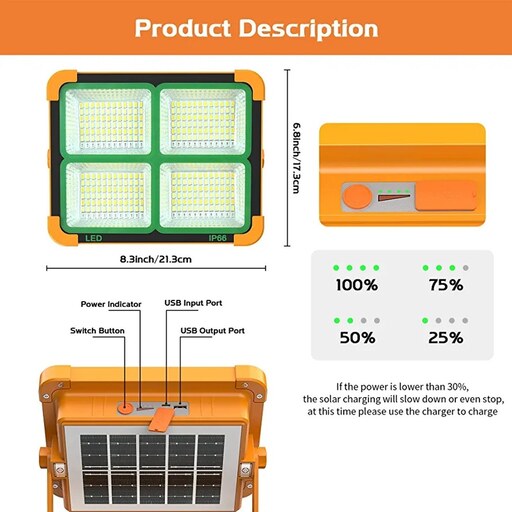 پروژکتور 200 وات خورشیدی (چراغ قوه  پاوربانک)(نور عالی)(ضد آب)