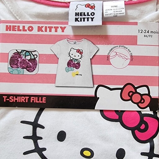 تیشرت نخی پولک دوزی Hello Kitty سایز 12 تا 24 ماه