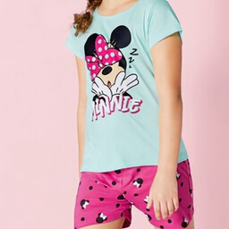 ست تیشرت و شورت دخترانه مارک مینی ماوس Minnie Mouse سایز 8 تا 10 سال تیشرت سبزآبی و شورت صورتی گلدار