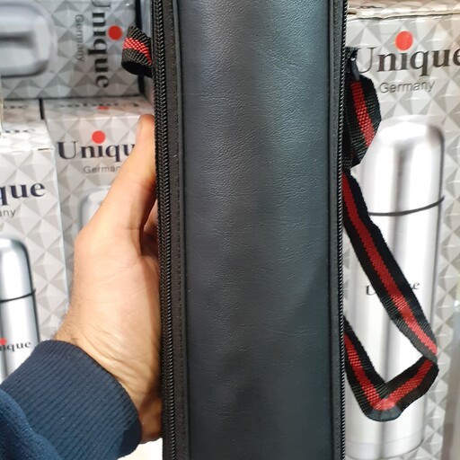 فلاسک چای یونیک یک لیتری استیل همراه با کیف چرمی بند دار