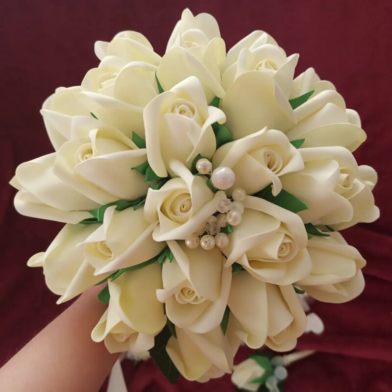 دسته گل عروس مصنوعی فومی رز غنچه نباتی مناسب عقد عروسی 