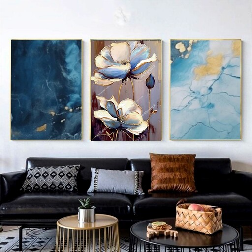 تابلو دکوراتیو طرح نقاشی گل آبی وطرح ماربل آبی سه تکه 