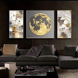 تابلو دکوراتیو طرح ماه،پروانه واسب سفید طلایی وخاکستری سه تکه 