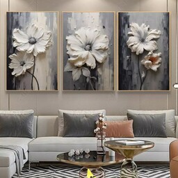 تابلو دکوراتیو طرح نقاشی برجسته گلهای سفید وخاکستری سه تکه 