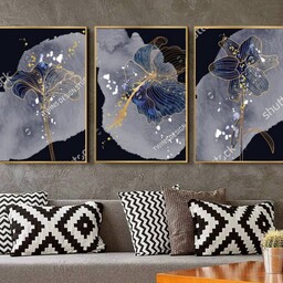 تابلو دکوراتیو گل آبی وزمینه خاکستری فانتزی سه تکه 