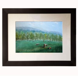 تابلو نقاشی اورجینال  آبرنگ  گوسفندان در مزرعه سایز با قاب و پاسپارتو 58 در 77