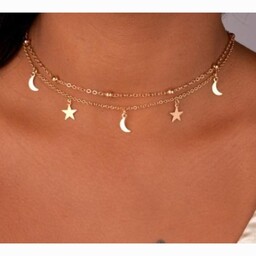 گردنبند زنانه استیل دو ردیفه ماه و ستاره 
