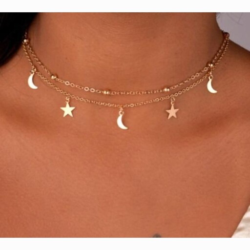 گردنبند زنانه استیل دو ردیفه ماه و ستاره 