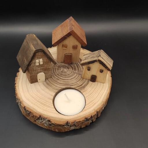 جاشمعی دست ساز چوبی مدل کلبه ها و تنه درخت با سه شمع رایگان