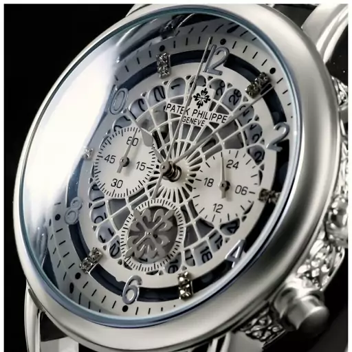 ساعت مچی مردانه 3 موتور فعال کرنوگراف تقویم نمایان قاب حکاکی پتک فیلیپ Patek Philippe