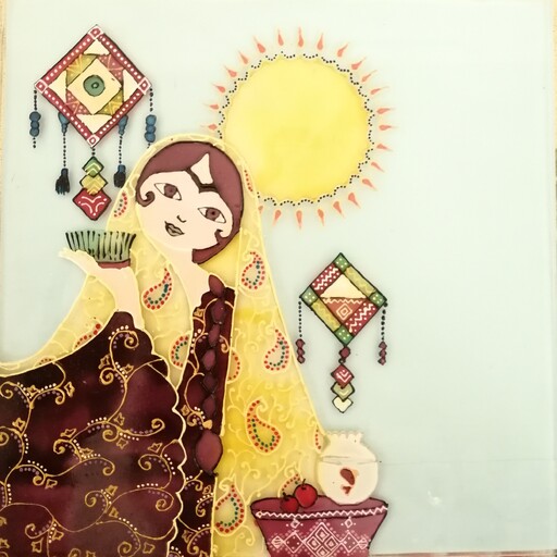 نقاشی ویترای روی شیشه طرح خاتون و هفت سین بدون قاب