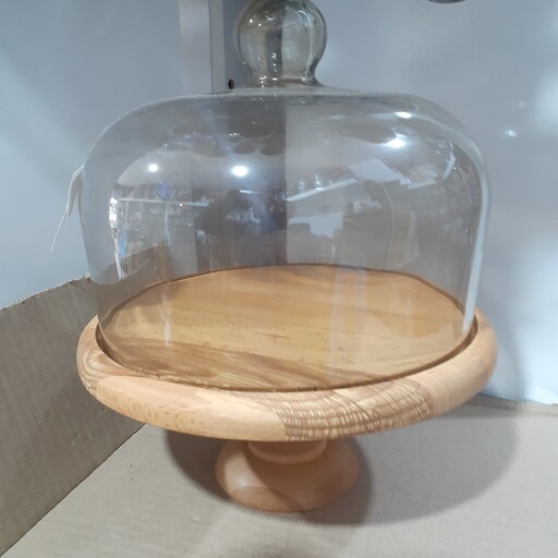 کیک خوری پایه دار چوبی چوب راش کیفیت عالی قابل شستشو با درب شیشه ای قطر 26 سانت 