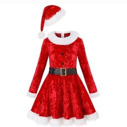 لباس کریسمسی قابل سفارش برایه تمامی سنین پیراهن کریسمسی زنانه دخترانه پسرانه پیراهن مخمل اینه ای قرمز به همراه کلاه