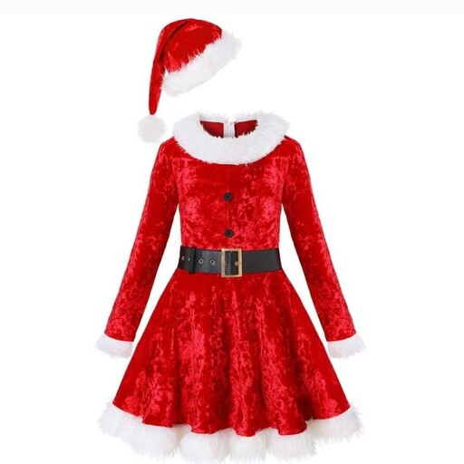 لباس کریسمسی قابل سفارش برایه تمامی سنین پیراهن کریسمسی زنانه دخترانه پسرانه پیراهن مخمل اینه ای قرمز به همراه کلاه