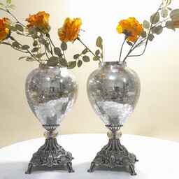 گلدان رو میزی جفت ، شیشه دوپوسته با کیفیت پایه ترنج با کیفیت بالا گوی کریستال مناسب جهت دکور و هدیه