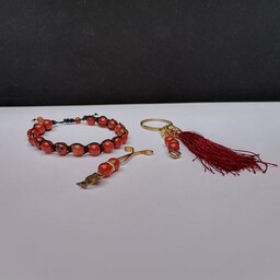 پک کامل دستبند سنگ عقیق قرمز و گیره روسری و جا کلیدی 