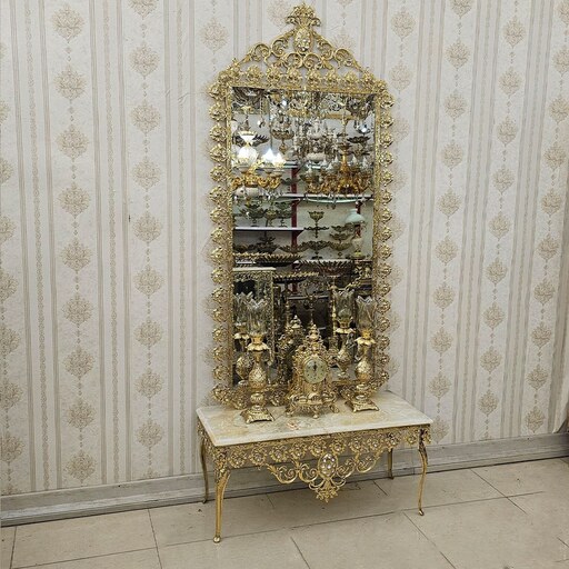 آینه و کنسول و شمعدان برنزی مدل گل رز پهن کد 136s آینه کنسول و ساعت شمعدان برنجی