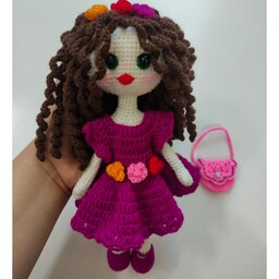 عروسک بافتنی دختر بهار 28سانتی.دستبافت.موفرفری.عروسک دستساز.