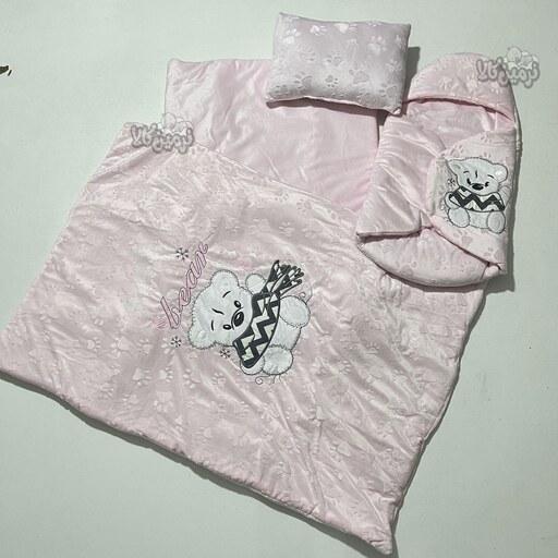 سرویس خواب مخمل نوزادی دخترانه طرح خرس و شال شامل تشک و بالشت و لحاف و قناق فرنگی