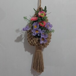 آویز لونه گنجشکی جای گلدان طبیعی و گل مصنوعی جنس کنفی  