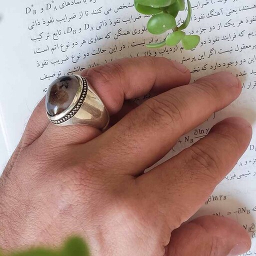 انگشتر نقره مردانه با سنگ عقیق شجر  قائن  و رکاب تمام نقره 925 دستساز 