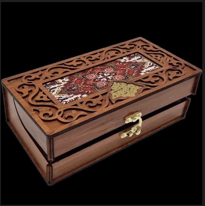 جعبه چوبی زعفران  با هاون و قوری و ظرف خاتم 5 گرم طرح فرش