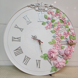 ساعت دیواری استاکو  نقره ای صورتی با گلهای برجسته  قابل سفارش در طرح و رنگ شما 