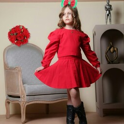 کراپ دامن یلدایی دخترانه کیفیت عالی جنس کتان پشمی مناسب 3 تا 12 سال رنگ قرمز سایز 45 تا 60 