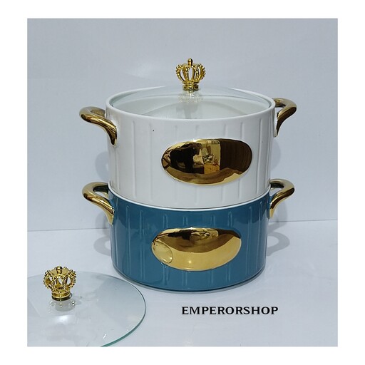 قابلمه سرامیکی سوپ خوری و دسرخوری مدل تاج طلایی درب پیرکس