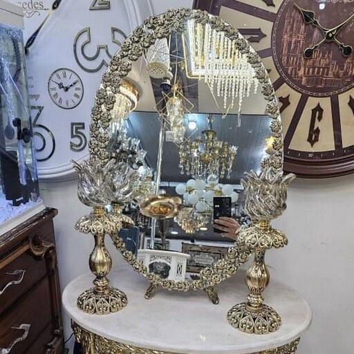آینه شمعدان عروس 50در 70 سانت گل ریز همراه با کنسول دو طبقه رنگ طلایی