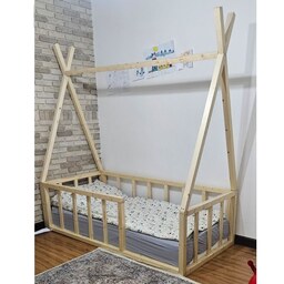 تخت خواب کودک و نوجوان چوبی روستیک دکور مدل خیمه