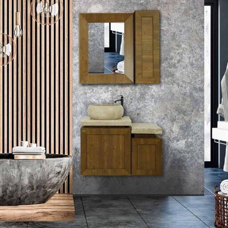  فول ست دیواری طرح چوب کابین و سنگ دو تیکه مدل 4000 روشویی کابینتی سنگ آینه باکس