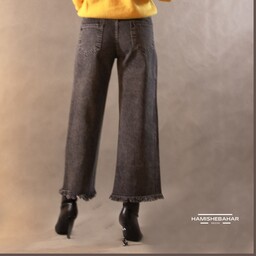 شلوار زنانه جین مدل نیم بگ پایین ریش ریش در رنگ منحصر به فرد زغالی در سایز بندی متنوع