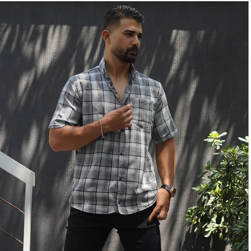 پیراهن آستین کوتاه مردانه طوسی مدل Samyar
