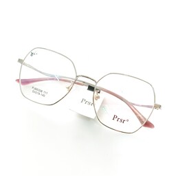 عینک طبی زنانه برند prsr سایز بزرگ رنگ نقره ای با قابلیت تعویض عدسی های جدید نمره دار طرح چند ضلعی دسته طرح دار 