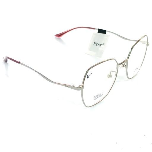 عینک طبی زنانه برند prsr سایز بزرگ رنگ نقره ای با قابلیت تعویض عدسی های جدید نمره دار طرح چند ضلعی دسته طرح دار 
