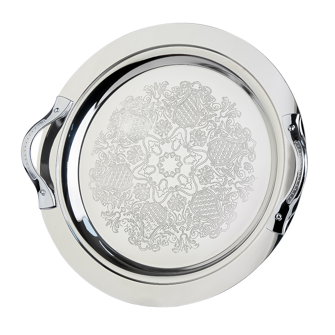 سینی استیل گرد بزرگ دسته طرحدار برند شاینی