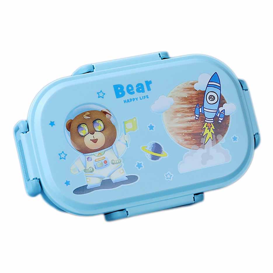 ظرف غذا استیل دوجداره کودکانه همراه با قاشق گنجایش 800 میل (لانچ باکس) - طرح خرس فضانورد رنگ آبی