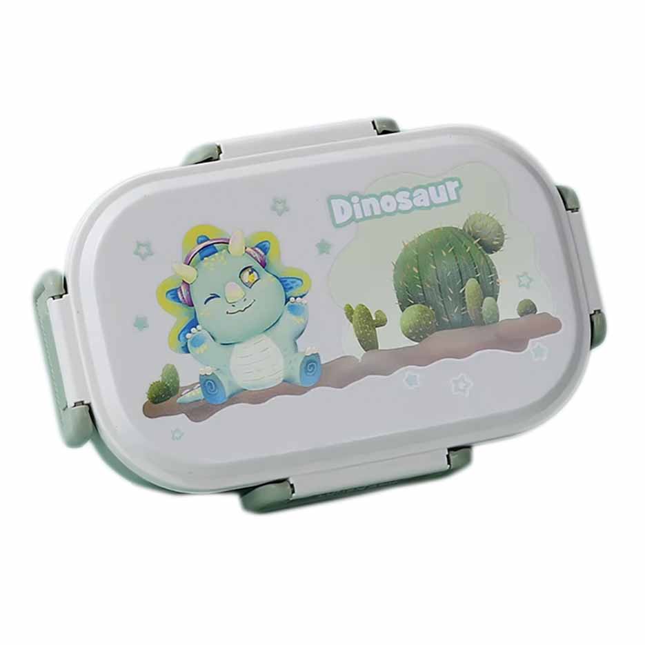 ظرف غذا استیل دوجداره کودکانه همراه با قاشق گنجایش 800 میل (لانچ باکس) - طرح رندوم دایناسور رنگ سبز