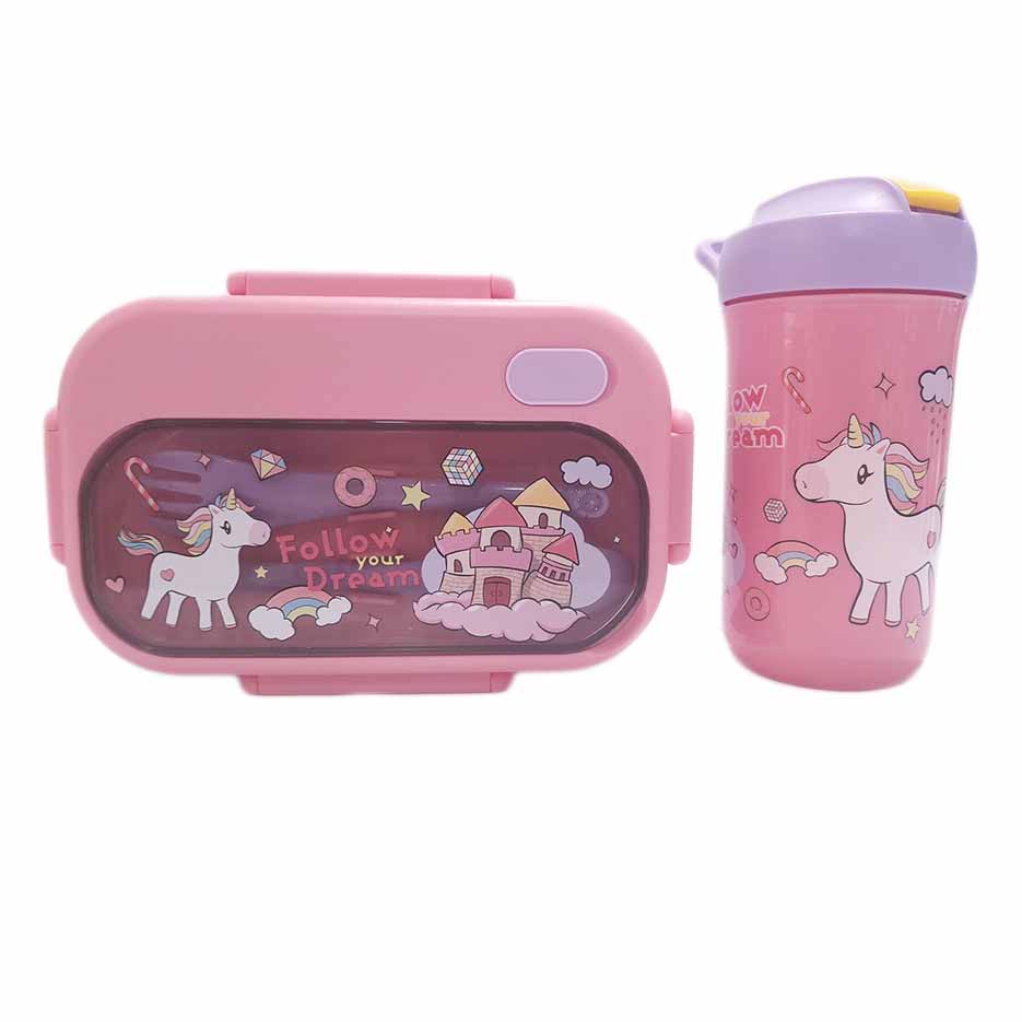 ظرف غذا کودکانه مدل کارتونی دو طبقه همراه با قمقمه 1100+470 میل - طرح یونیکورن رنگ صورتی