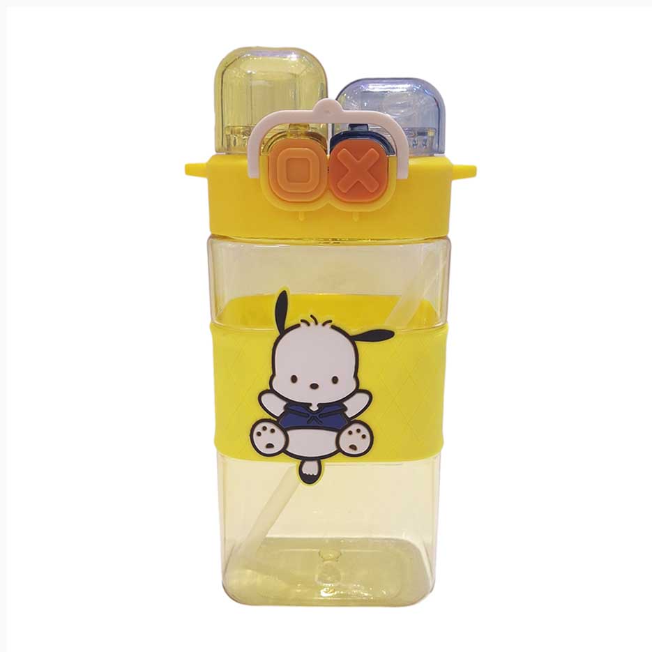 قمقمه بطری کودکانه دو درب نی دار و آسان نوش دسته و بند دار گنجایش 550 میل - طرح پوچاکو رنگ زرد