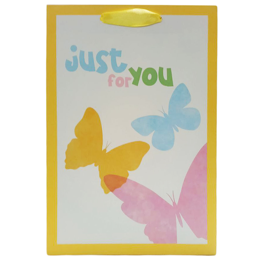 بگ و ساک دستی کادویی A4 عمودی کف پهن طرح پروانه 23*35*20 - JUST FOR YOU زرد