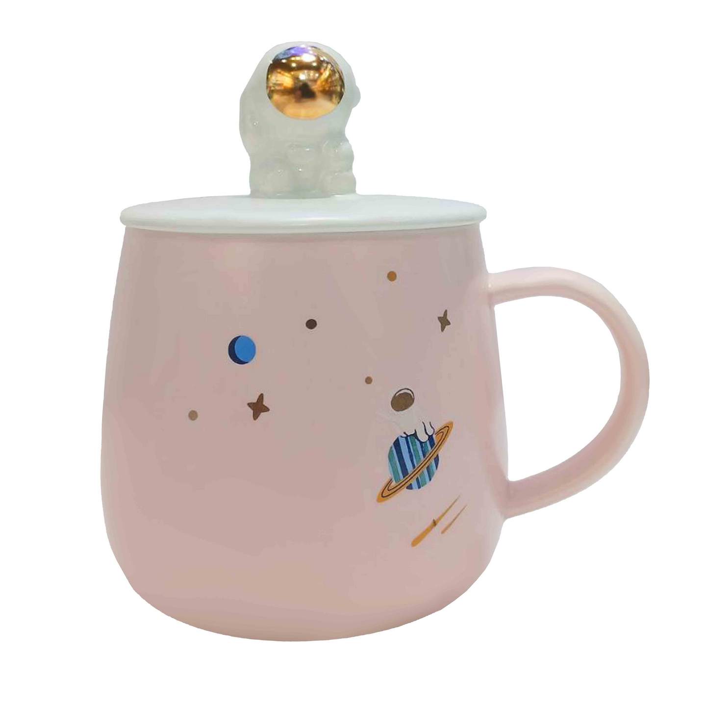 ماگ و لیوان سرامیکی طرح کهکشان درب فیگور فضانورد - صورتی